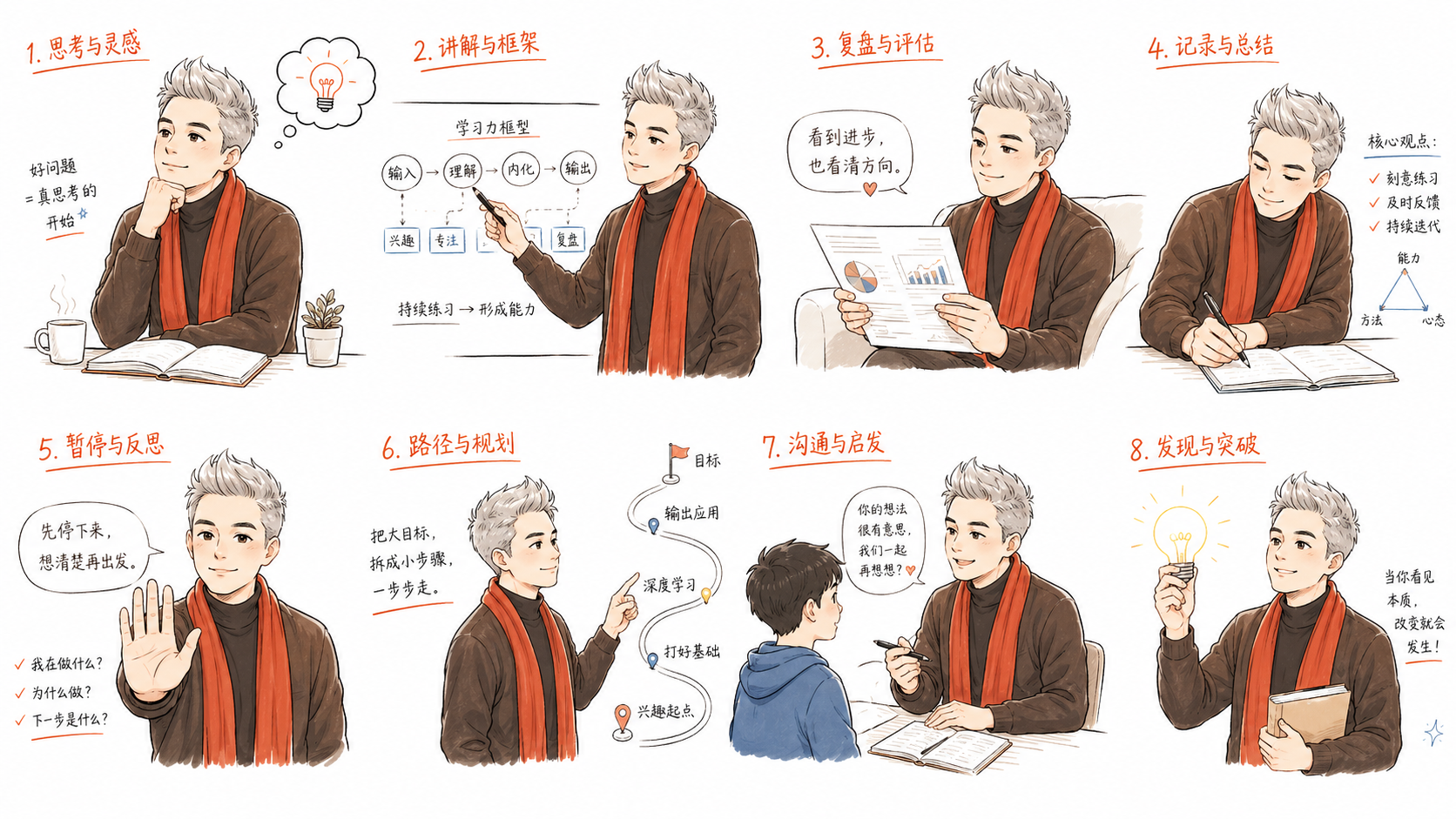 学习力爸爸和孩子一起观察学习问题的手绘图