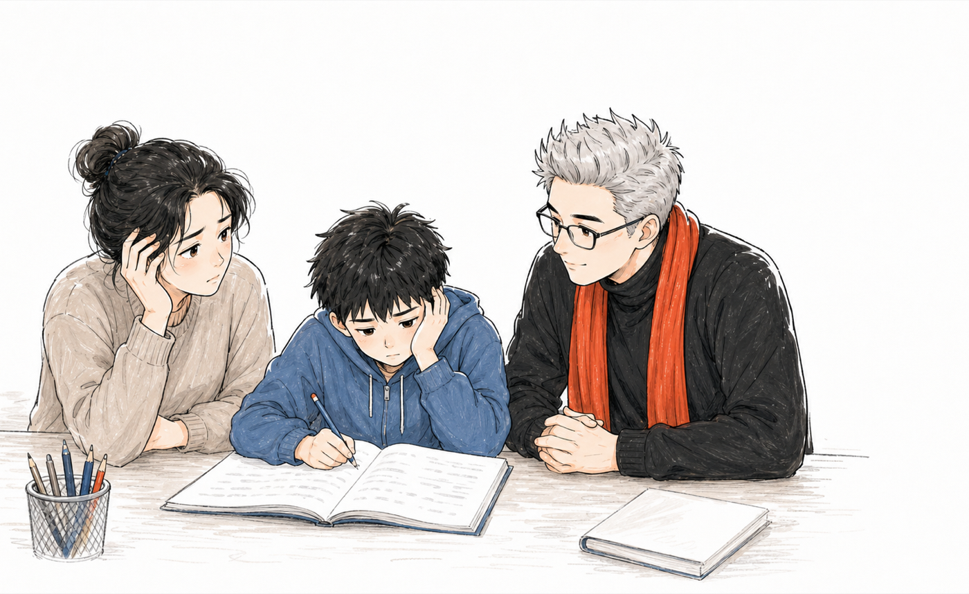 家长陪孩子学习，刘老师在旁边倾听和观察的手绘场景